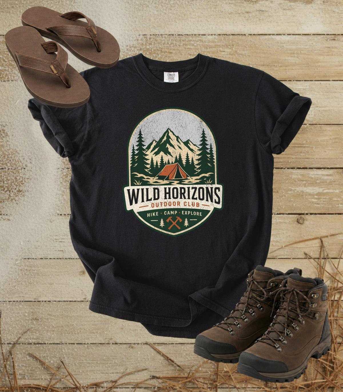 Wild Horizons Outdoor Club T-Shirt — Vintage Mountain Camping Graphic Tee