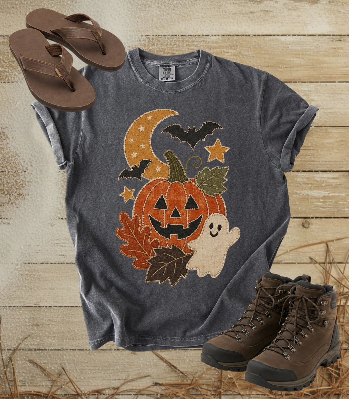 Faux Patchwork Pumpkin, Ghost, & Bats Tee