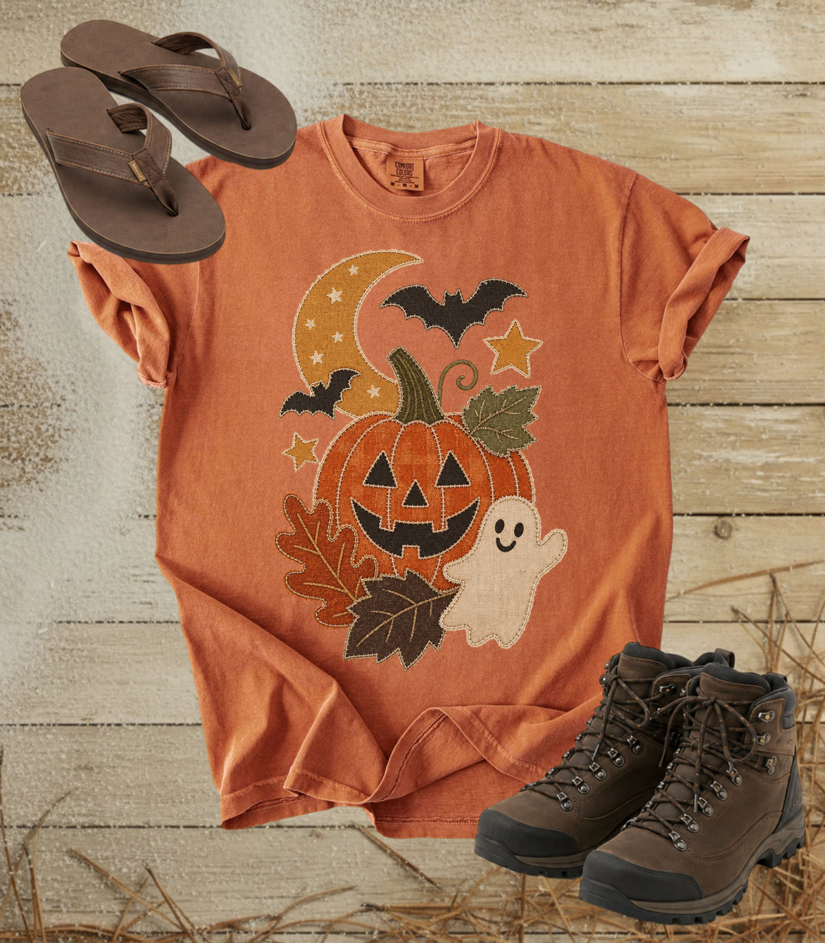 Faux Patchwork Pumpkin, Ghost, & Bats Tee