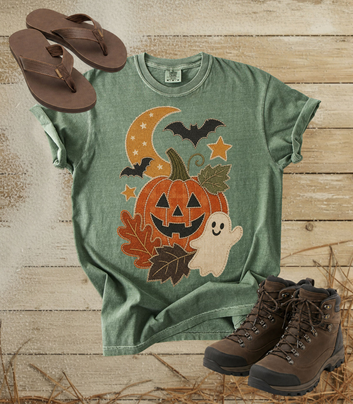 Faux Patchwork Pumpkin, Ghost, & Bats Tee