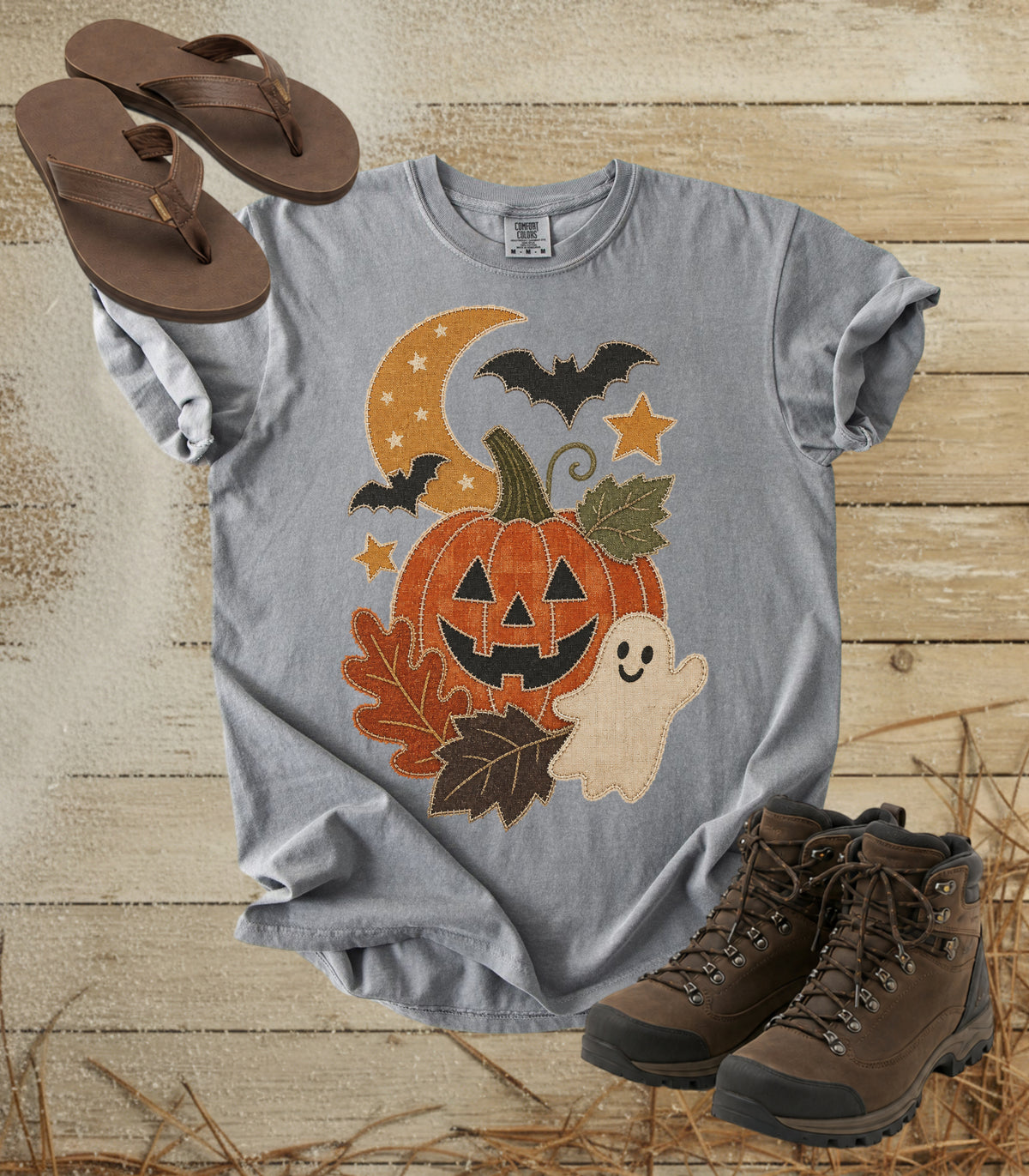 Faux Patchwork Pumpkin, Ghost, & Bats Tee