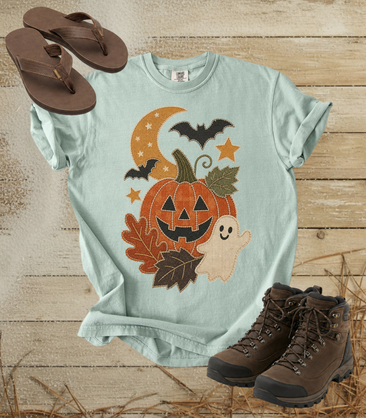 Faux Patchwork Pumpkin, Ghost, & Bats Tee