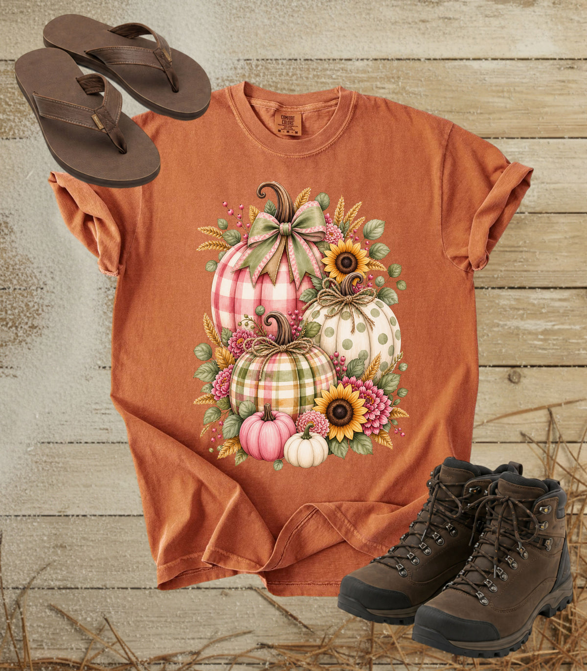 Autumn Painterly Plaid Pumpkin Bouquet T-shirt