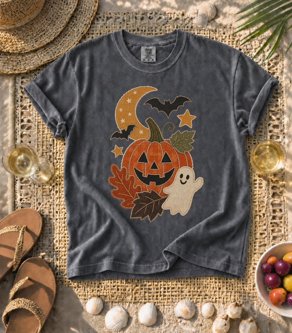 Faux Patchwork Pumpkin, Ghost, & Bats Tee