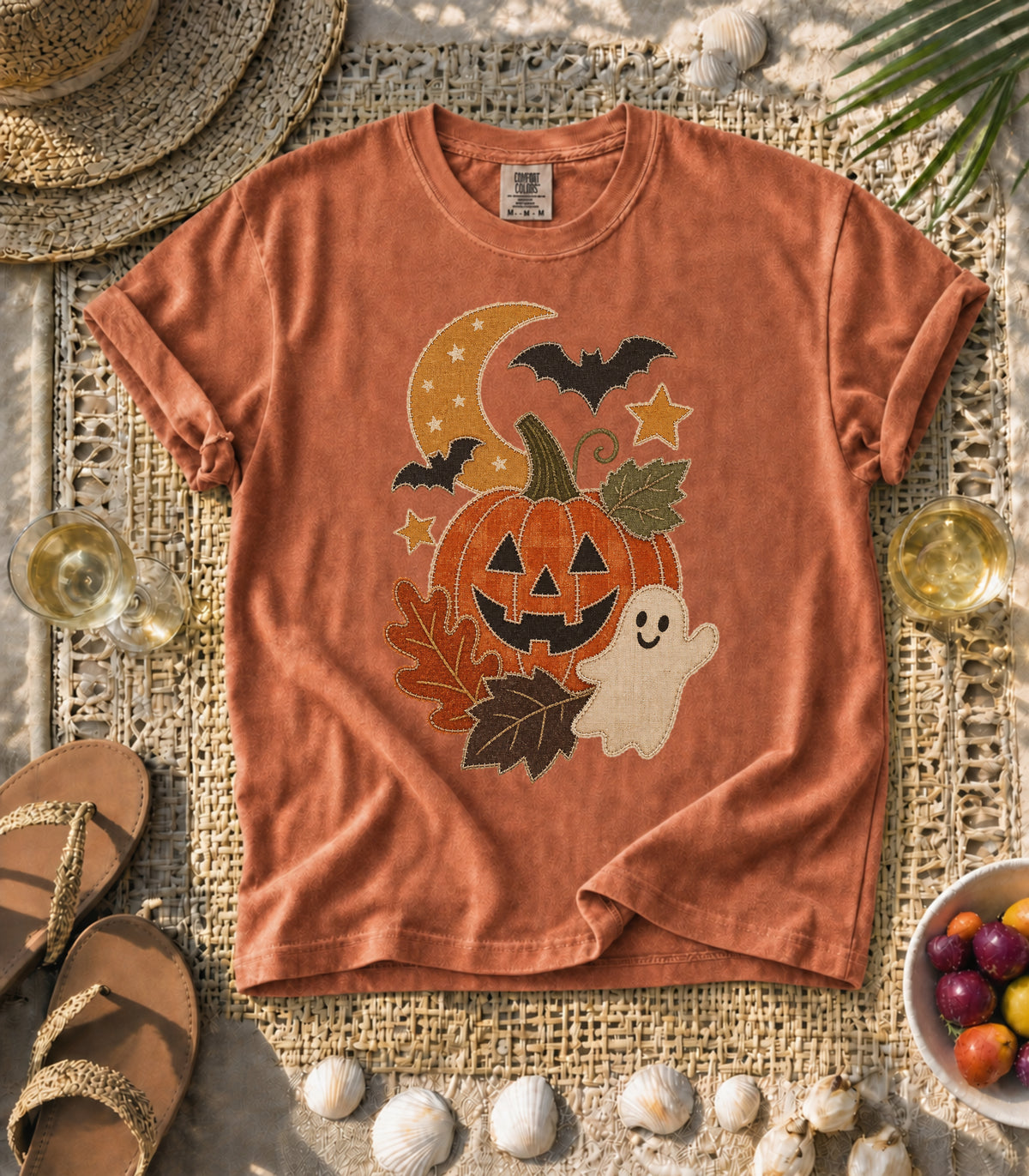 Faux Patchwork Pumpkin, Ghost, & Bats Tee