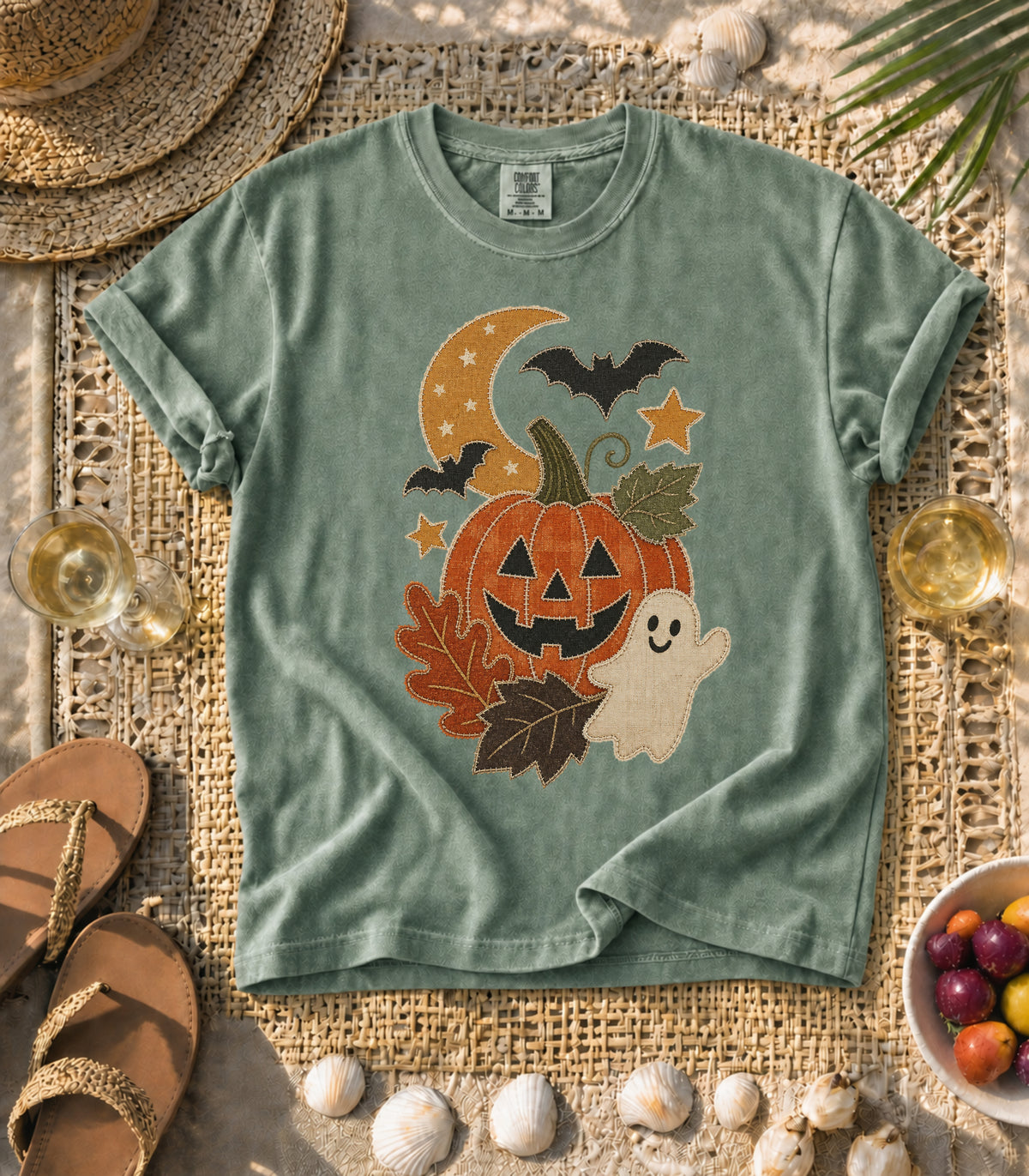 Faux Patchwork Pumpkin, Ghost, & Bats Tee