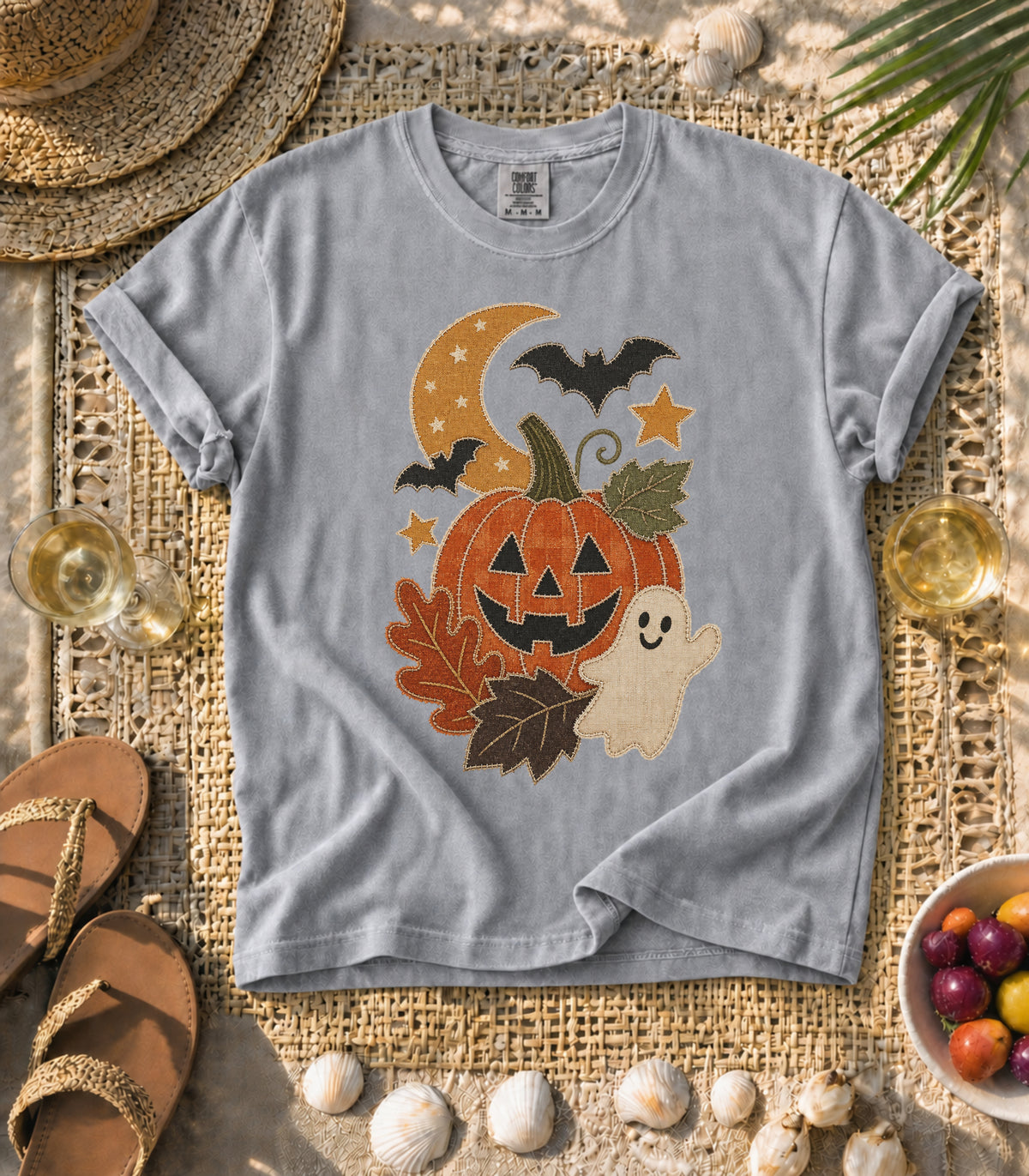 Faux Patchwork Pumpkin, Ghost, & Bats Tee