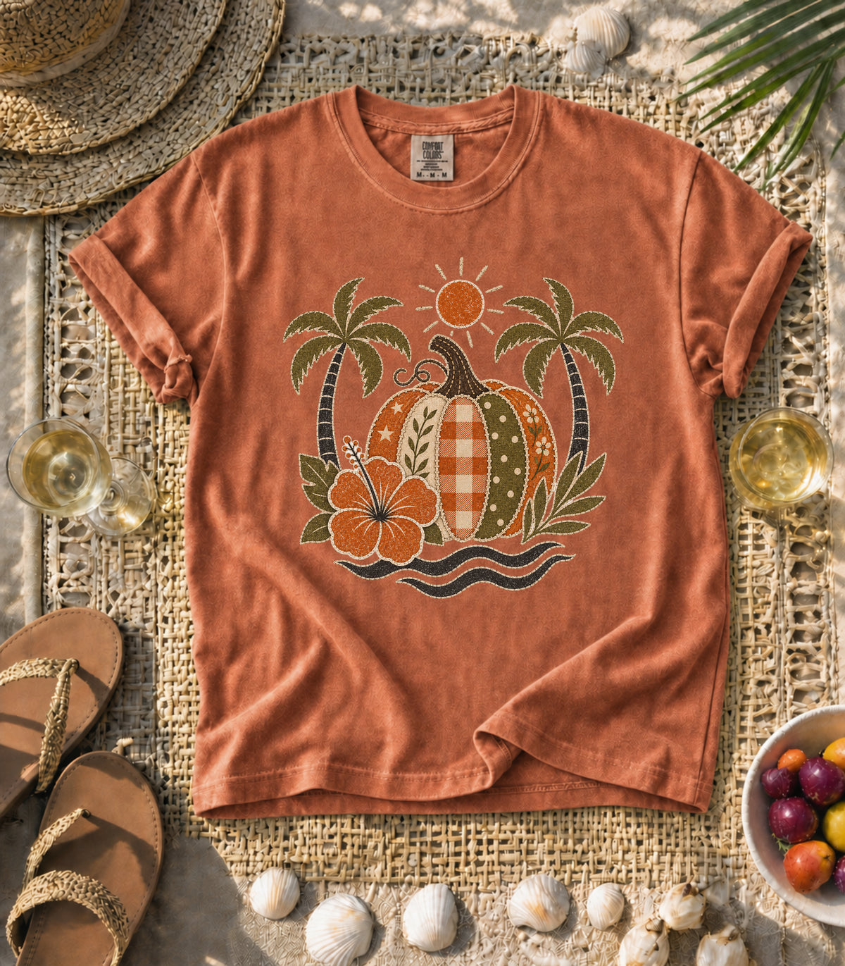 Faux Patch Pumpkin Tropical Tee