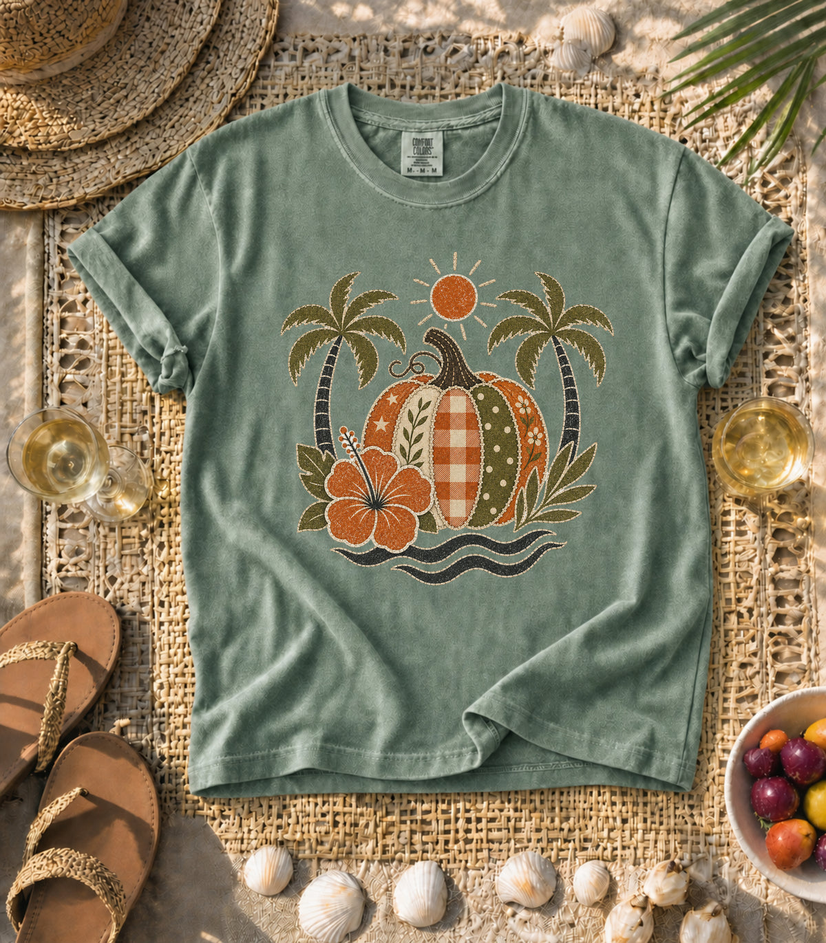 Faux Patch Pumpkin Tropical Tee